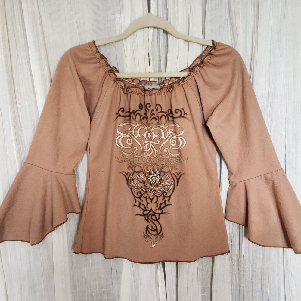 Vintage Y2K Faux Suede Bell Sleeve Blouse